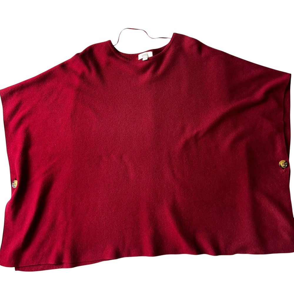 AnnTaylor LOFT Outlet Cotton Blend Red Knit Poncho Sweater Button Women One Size